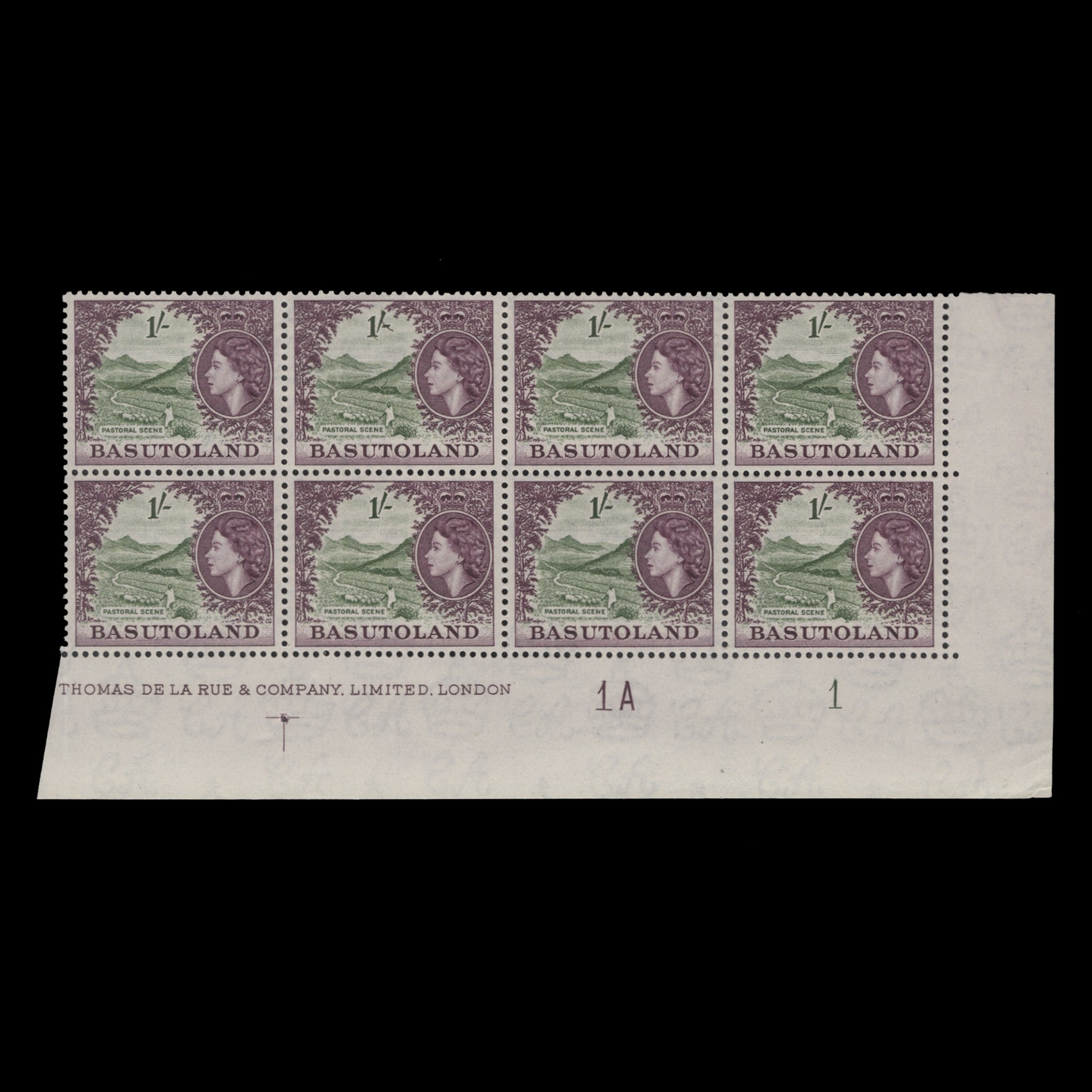 Basutoland 1954 (MNH) 1s Pastoral Scene imprint/plate 1A–1 block ...