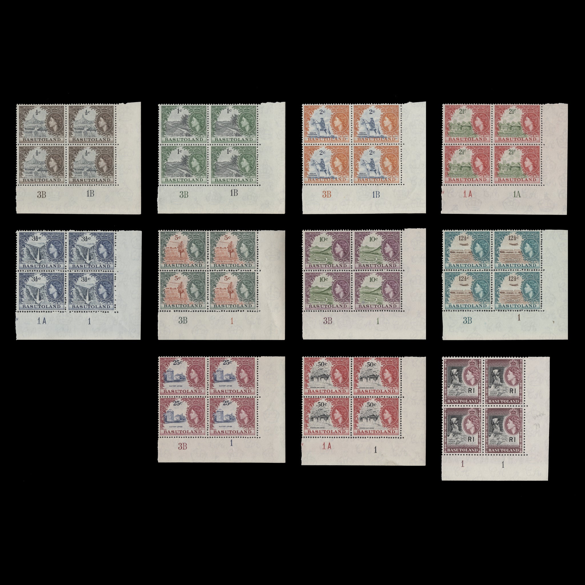 Script Ca Watermark Basutoland 1961-63 (MNH) Decimal Definitives plate blocks, script CA w ...