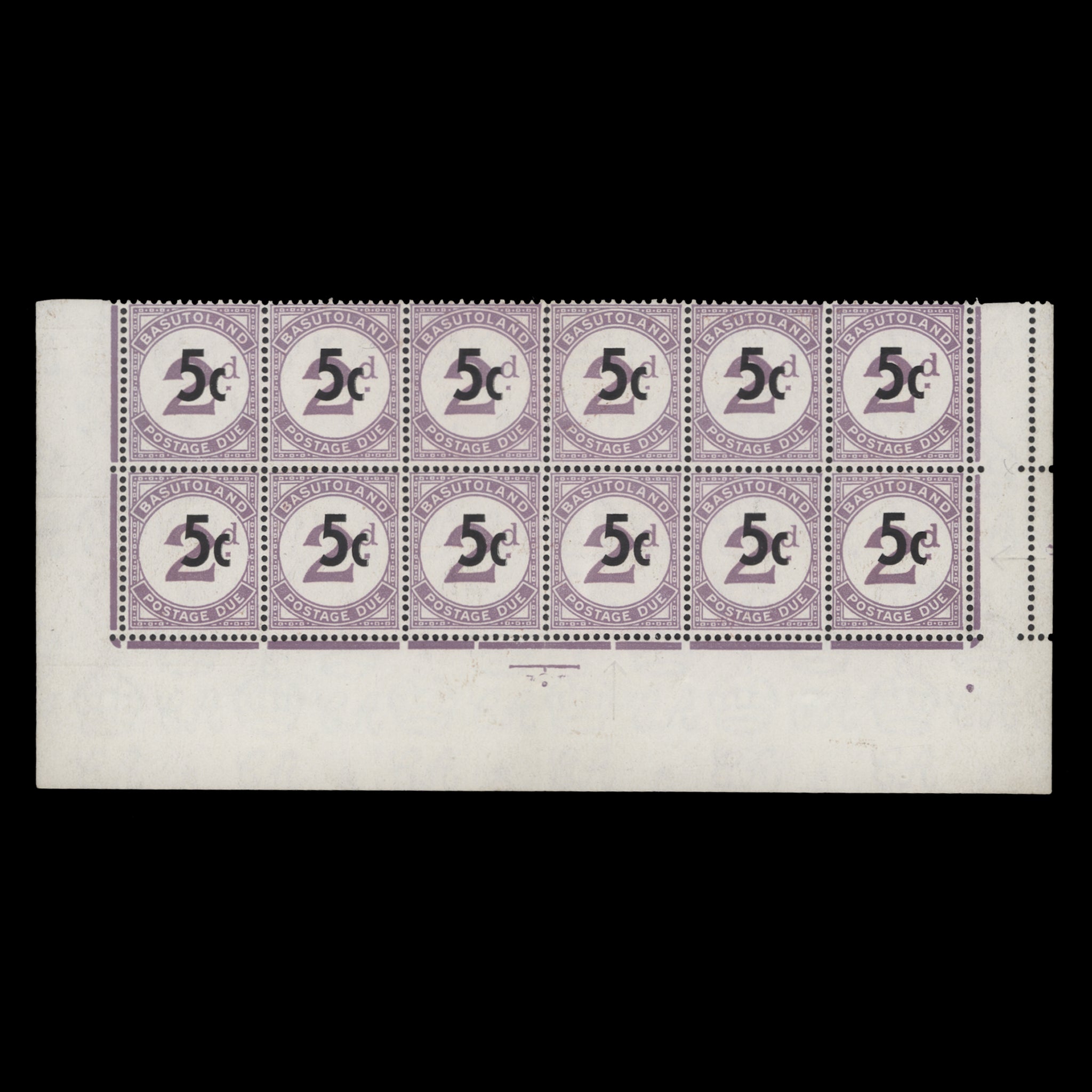 Basutoland 1961 (Variety) 5c/2d Postage Due block with watermark crown ...