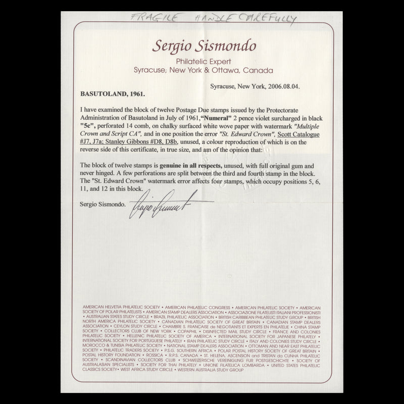 Basutoland 1961 (Variety) 5c/2d Postage Due block with watermark crown error