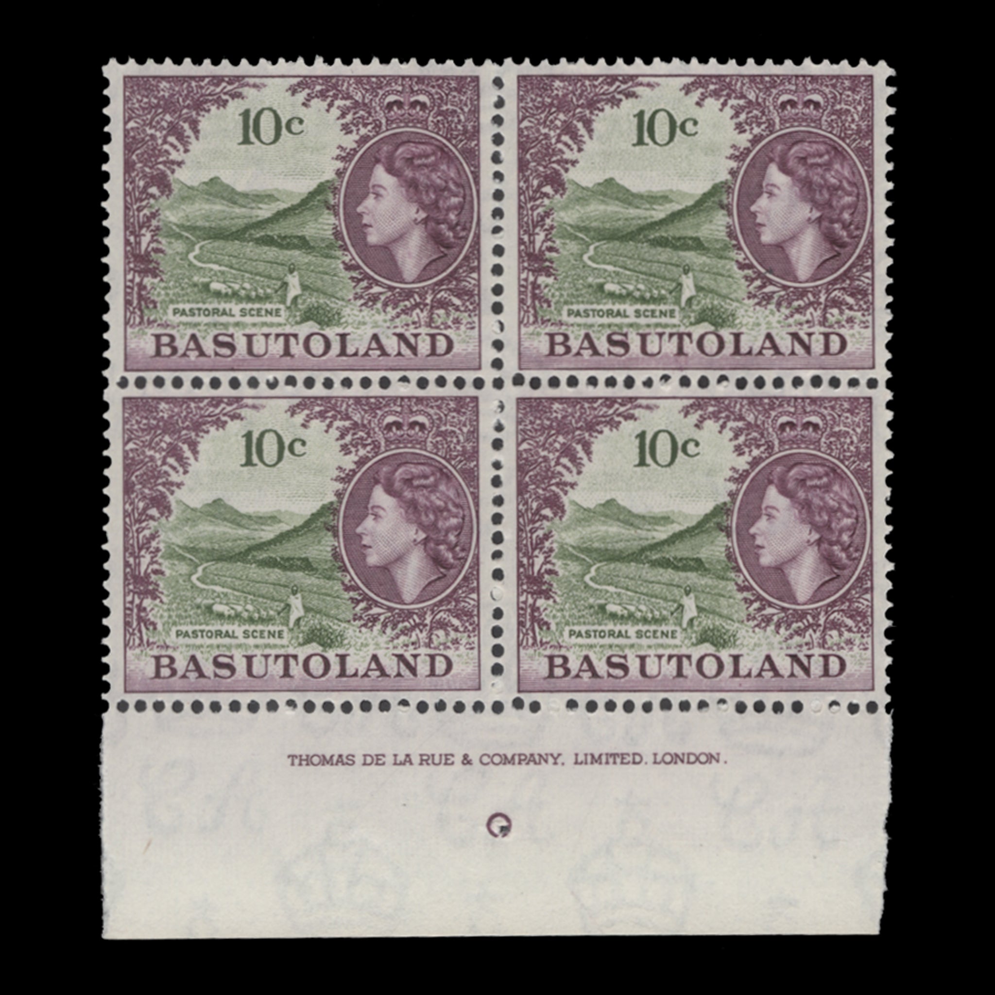 Script Ca Watermark Basutoland 1962 (MNH) 10c Pastoral Scene imprint block, script CA wate ...