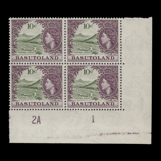 Basutoland 1962 (MNH) 10c Pastoral Scene plate 2A–1 block, script CA watermark