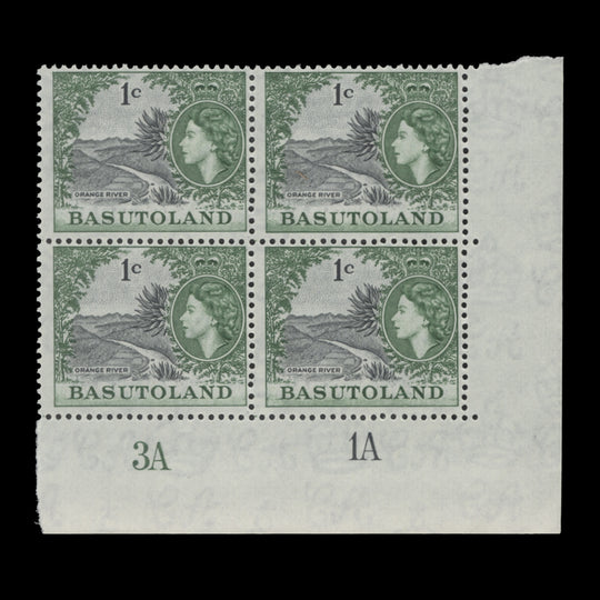 Basutoland 1962 (MNH) 1c Orange River plate 3A–1A block, script CA watermark