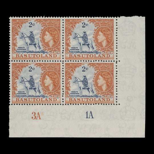 Basutoland 1962 (MNH) 2c Mosuto Horseman plate 3A–1A block, script CA watermark