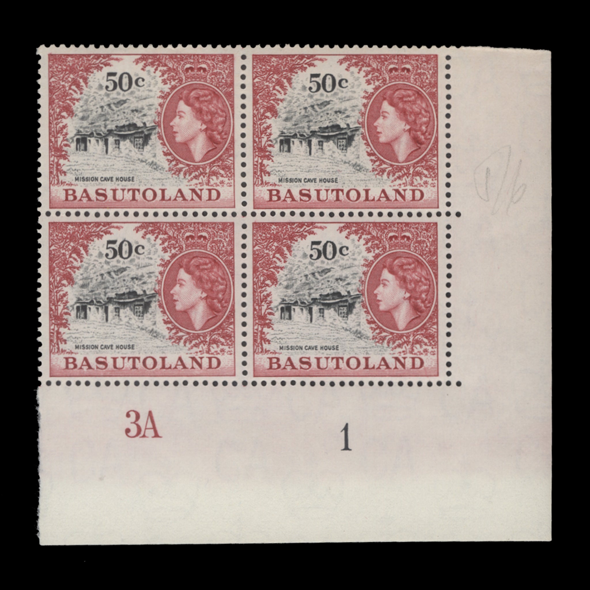 Basutoland 1964 (MNH) 50c Mission Cave House plate 3A–1 block – ZEBOOSE.COM