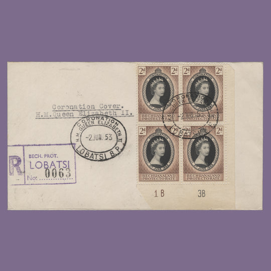 Bechuanaland 1953 2d Coronation plate 1B–3B block on pre-release cover