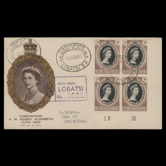 Bechuanaland 1953 (FDC) 2d Coronation plate block, LOBATSI