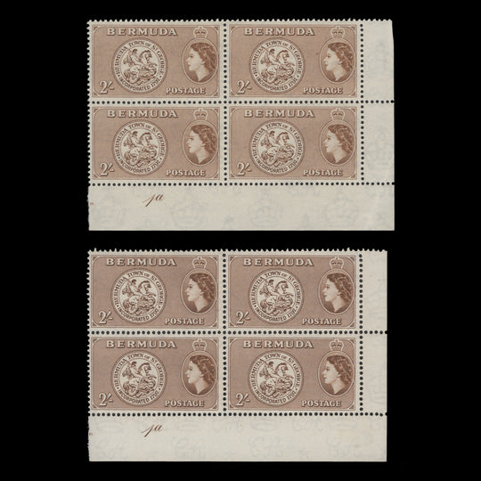 Bermuda 1953-62 (MNH) 2s Arms of St George plate 1a blocks in distinct shades
