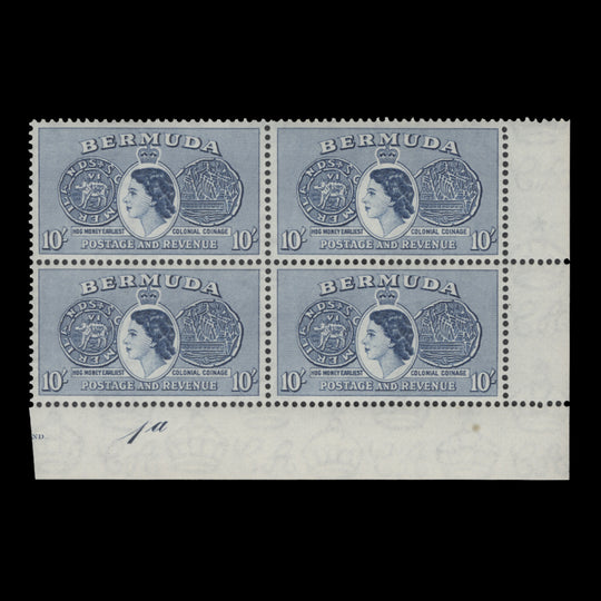 Bermuda 1953 (MLH) 10s Tog Coin plate 1a block in deep ultramarine