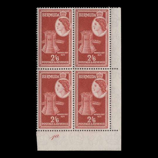 Bermuda 1953 (MLH) 2s6d Warwick Fort plate 1a block