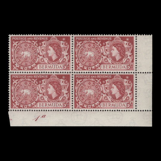 Bermuda 1953 (MLH) 5s Tog Coin plate 1a block