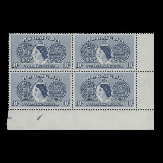 Bermuda 1953 (MNH) 10s Tog Coin plate 1 block in deep ultramarine