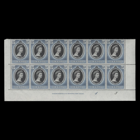 Bermuda 1953 (MNH) 1½d Coronation imprint/plate 1–3 block