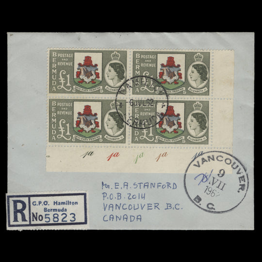 Bermuda 1953 (Used) £1 Country Arms plate 1a–1a–1a–1a–1a block