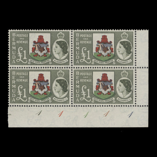 Bermuda 1954 (MNH) £1 Country Arms plate 1–1–1–1–1 block