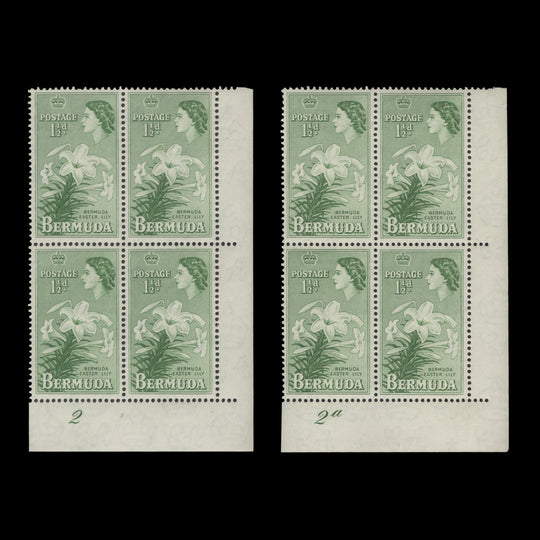 Bermuda 1956 (MLH) 1½d Easter Lily plate blocks