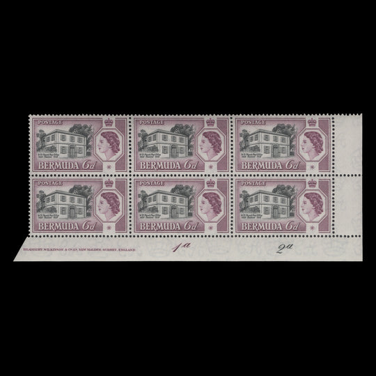 Bermuda 1959 (MNH) 6d Perot's Post Office imprint/plate 1a–2a block
