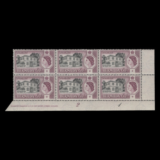 Bermuda 1959 (MNH) 6d Perot's Post Office imprint/plate 2–1 block