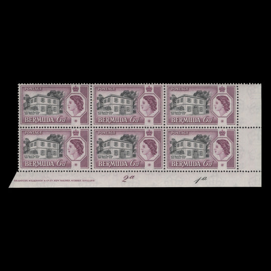 Bermuda 1959 (MNH) 6d Perot's Post Office imprint/plate 2a–1a block