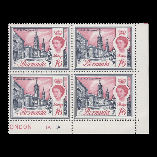 Bermuda 1966 (MNH) 1s6d Dockyard plate 1A–1A block, sideways watermark
