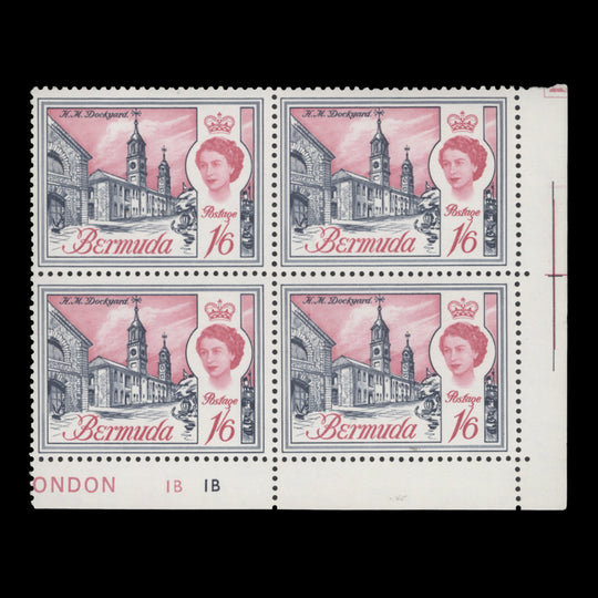Bermuda 1966 (MNH) 1s6d Dockyard plate 1B–1B block, sideways watermark