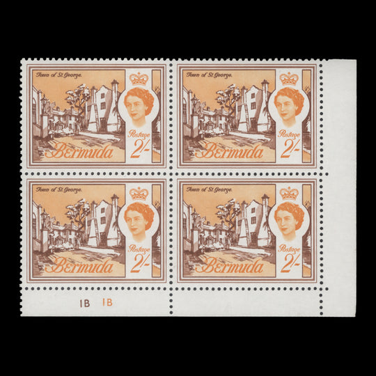 Bermuda 1966 (MNH) 2s Town of St George plate 1B–1B block, sideways watermark