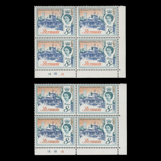 Bermuda 1967 (Variety) 8d General Post Office plate blocks in different shades