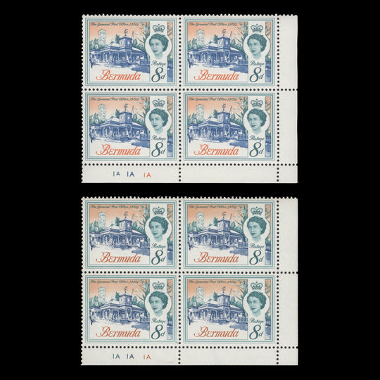 Bermuda 1967 (Variety) 8d General Post Office plate blocks in different shades