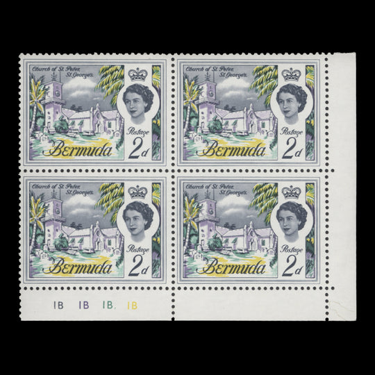 Bermuda 1969 (MNH) 2d Church of St Peter plate 1B–1B–1B–1B block, sideways watermark