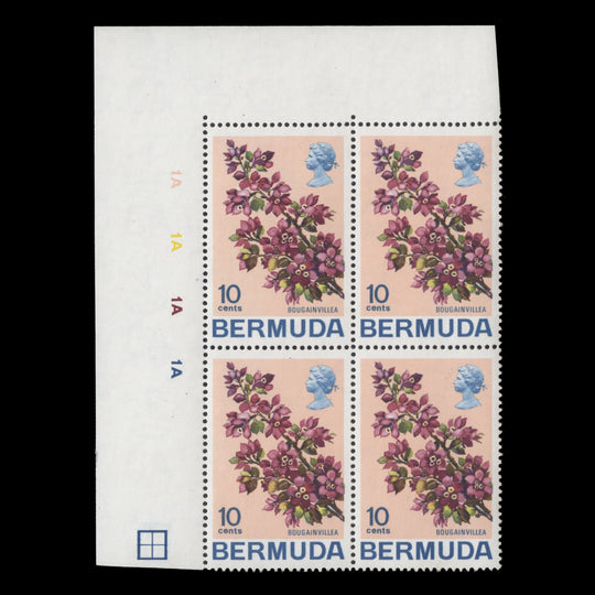 Bermuda 1970 (MNH) 10c Bougainvillea plate 1A–1A–1A–1A block