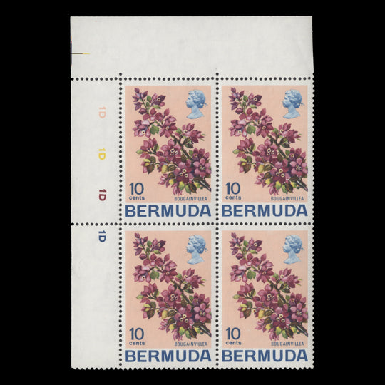Bermuda 1970 (MNH) 10c Bougainvillea plate 1D–1D–1D–1D block