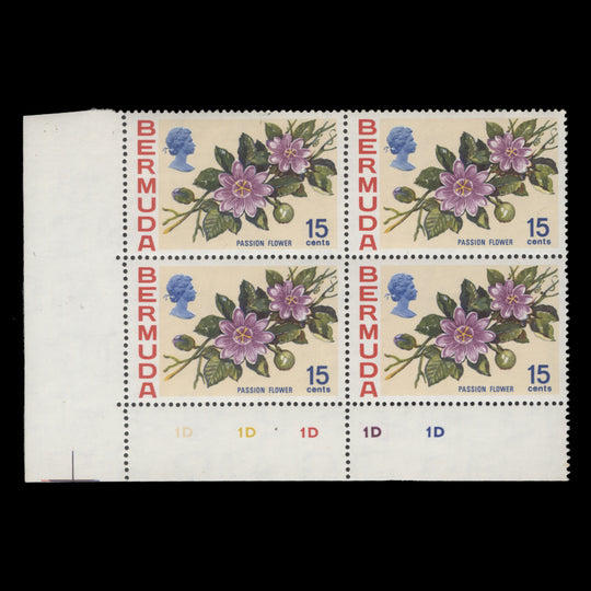 Bermuda 1970 (MNH) 15c Passion Flower plate 1D–1D–1D–1D–1D block