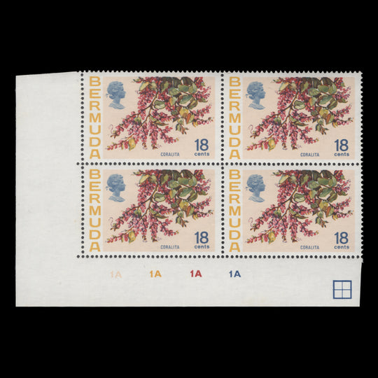 Bermuda 1970 (MNH) 18c Coralita plate 1A–1A–1A–1A block