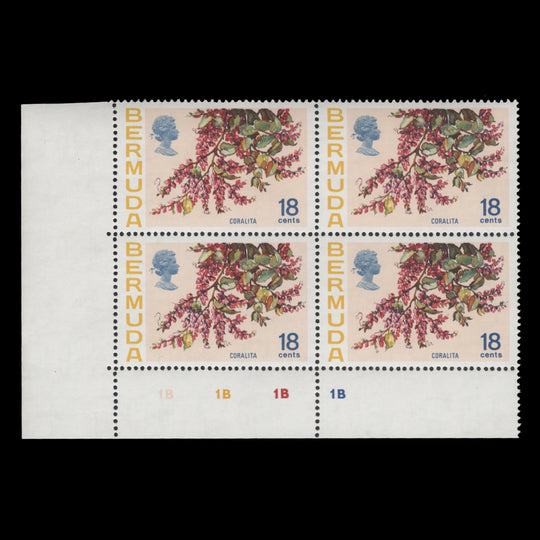 Bermuda 1970 (MNH) 18c Coralita plate 1B–1B–1B–1B block