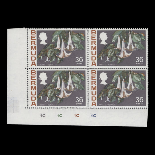 Bermuda 1970 (MNH) 36c Angel's Trumpet plate 1C–1C–1C–1C block