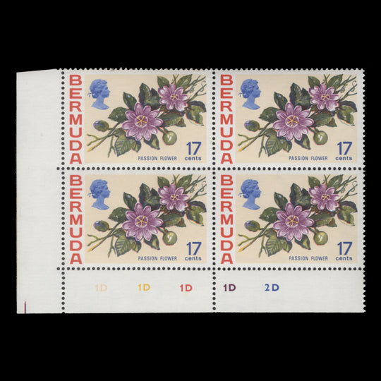 Bermuda 1975 (MNH) 17c Passion Flower plate 1D–1D–1D–1D–2D block