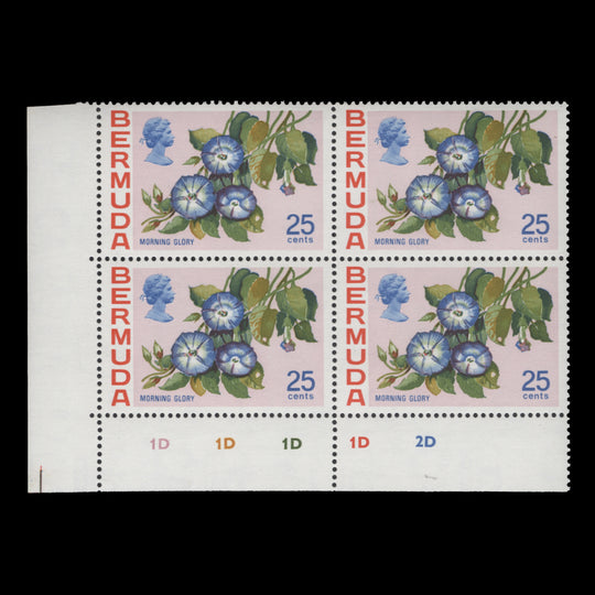 Bermuda 1975 (MNH) 25c Morning Glory plate 1D–1D–1D–1D–2D block