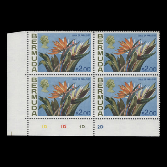 Bermuda 1975 (MNH) $2 Bird of Paradise plate 1D–1D–1D–2D block