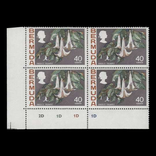 Bermuda 1975 (MNH) 40c Angel's Trumpet plate 2D–1D–1D–1D block