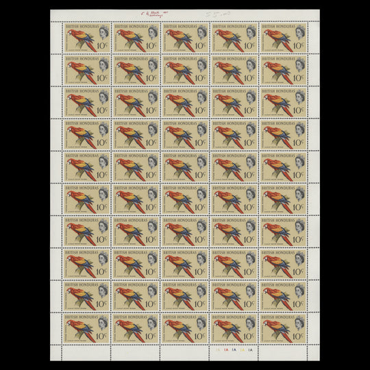 British Honduras 1967 (MNH) 10c Scarlet Macaw sheet of 50 stamps, sideways watermark