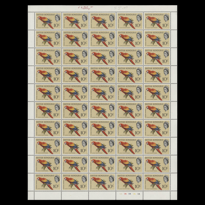 British Honduras 1967 (MNH) 10c Scarlet Macaw sheet of 50 stamps, sideways watermark