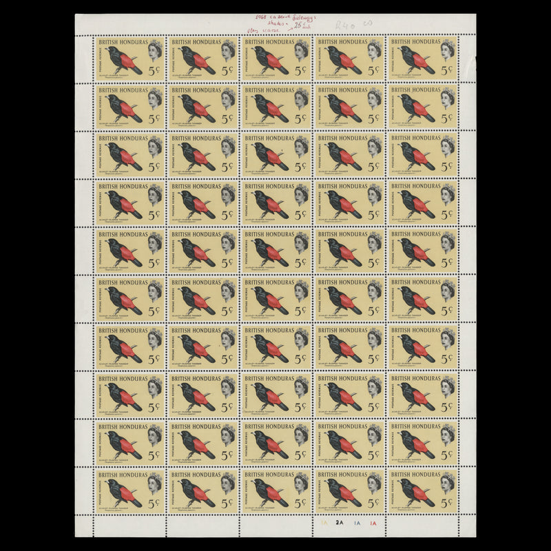 British Honduras 1967 (MNH) 5c Scarlet-Rumped Tanager sheet of 50 stamps, sideways watermark