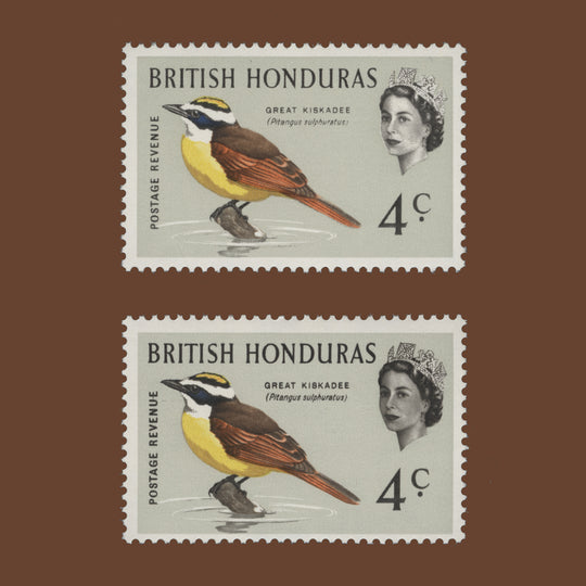 British Honduras 1967 (Variety) 4c Great Kiskadee singles with different portrait shades