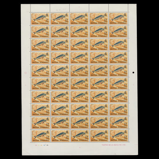 British Honduras 1968 (MNH) 15c Dolphin plate 1A pane of 50 stamps