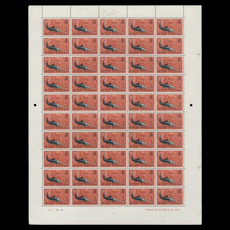 British Honduras 1968 (MNH) 5c Bonefish plate 1A pane of 50 stamps