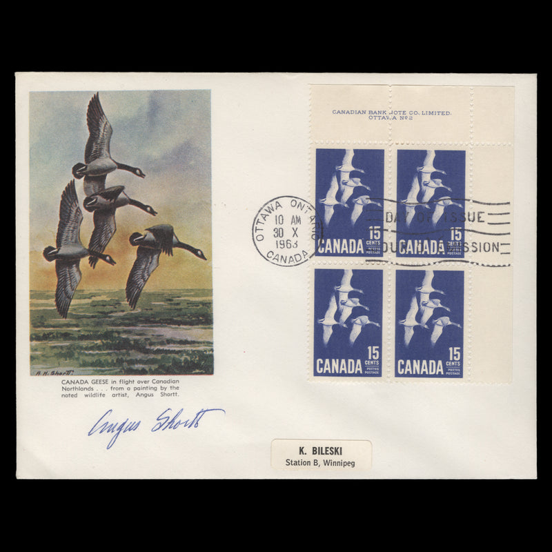 Canada 1963 Geese first day cover signed by artist Angus Shortt
