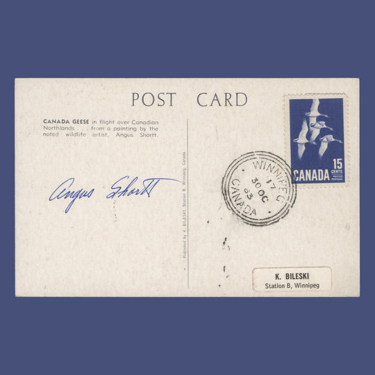Canada 1963 Geese first day postcard signed by artist Angus Shortt