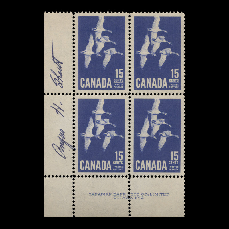 Canada 1963 (MNH) 15c Geese imprint/plate 2 block signed by artist Angus Shortt