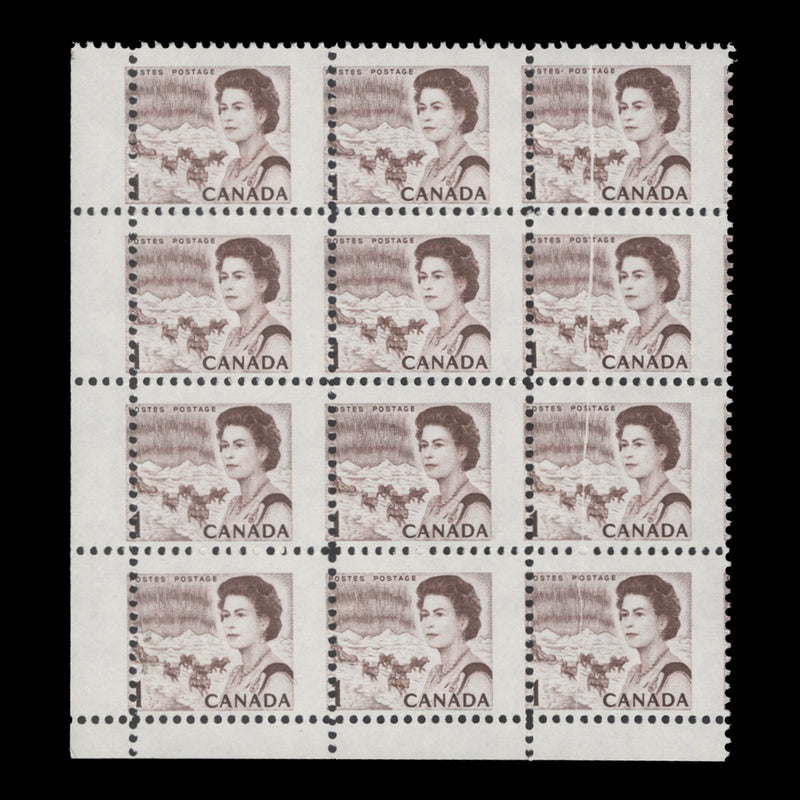 Canada 1971 (Variety) 1c Queen Elizabeth II block with paper crease and perf shift