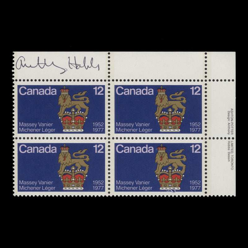 Canada 1977 (MNH) 12c Governors General Anniversary imprint block signed by designer